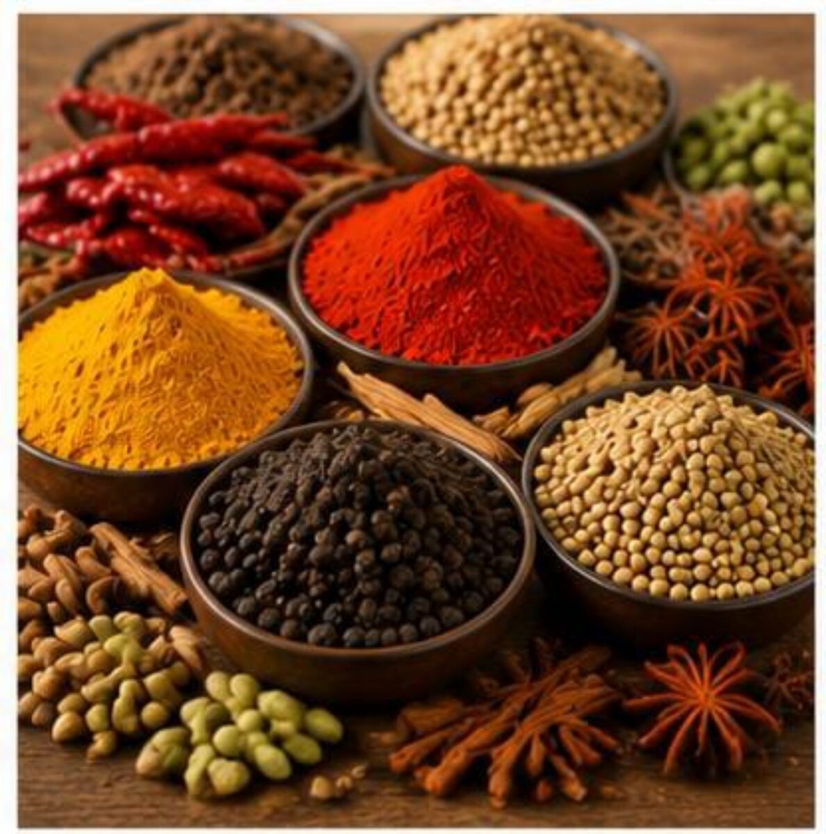 Assortment of whole and ground Indian spices we source and export